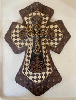 15.5" Layered Wooden Wall Cross - Faux Crocodile, Harlequin & Ornate Filigree Metal