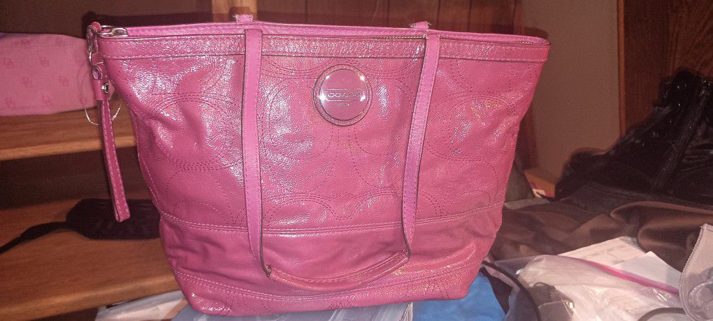 Coach Vintage Y2K Stitched C Stripe Berry Pink Patent Leather Tote Bag

