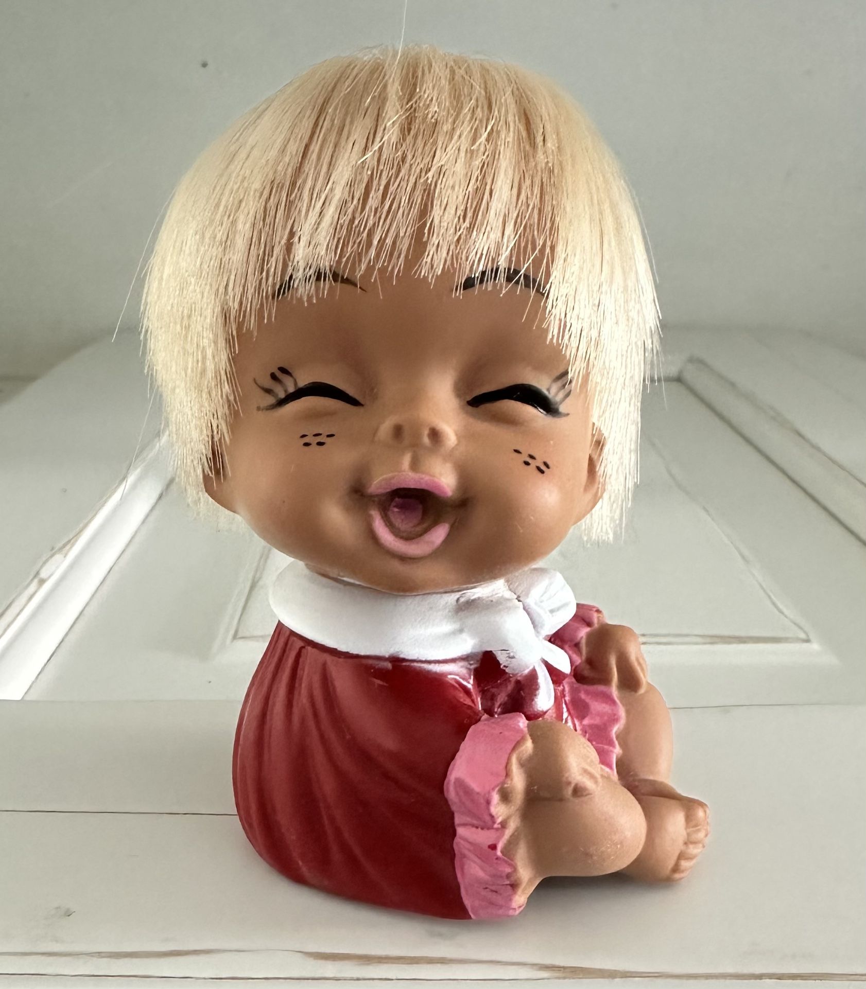 Vintage 1960s Japan Happy Laugh Collectible Rubber Toy Moody Cutie Doll Red Dress  