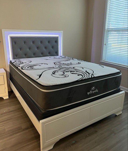 LED Upholstered Bedroom Set Queen or King Bed Dresser Nightstand Mirror Chest Options Lyssa 