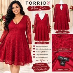 Torrid Plus Size Red Lace Fit & Flare Dress size 2   home smoke free and pet  Length 42” armpit to armpit 20” sleeve 20”