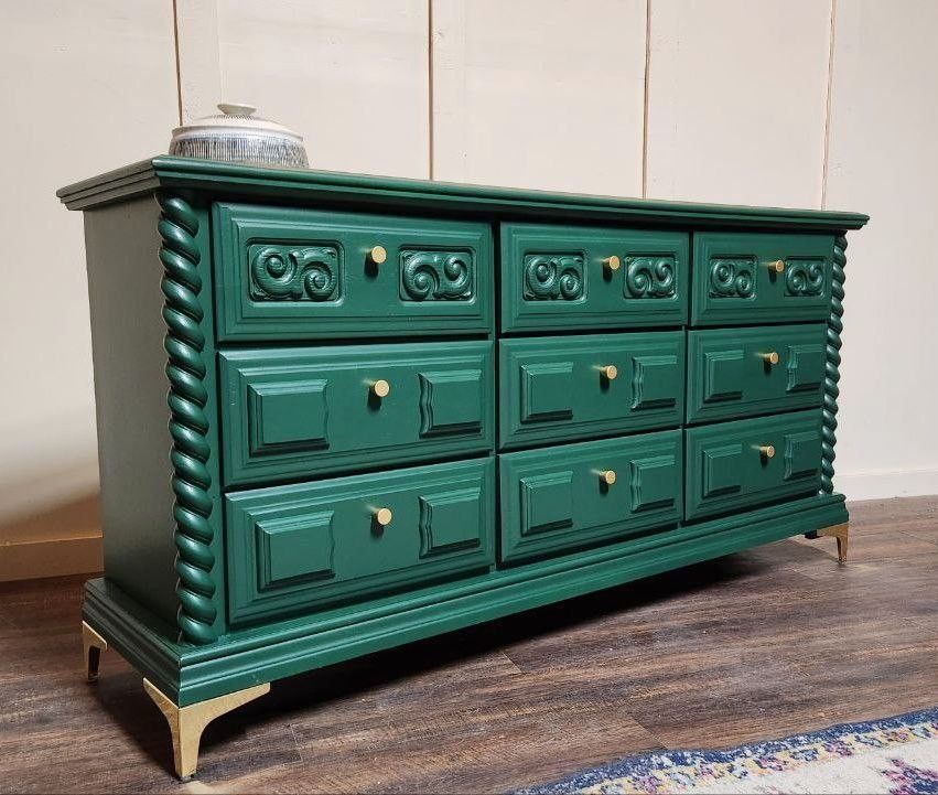 Solid Wood Long Dresser|9 Drawer Dresser| Painted Triple Dresser| Painted  Dresser| Vintage Wood Drawers | Customizable Dresser |Green Ornate for Sale  in Conyers, GA - OfferUp