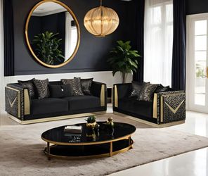 ❇️ Furniture of America - Doriphei 2 Piece Sofa Set in Black Velvet/Gold, Brand New.