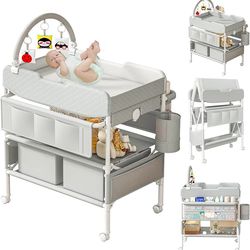 Baby Changing Table with Drawers, Waterproof Versatile Folding Diaper Changing Station with Storage, Adjustable Height, Portable Diaper Chang ing Stat