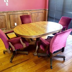 Solid Oak Velour Dinette Set  4 Rolling chairs