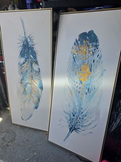 Blue and Gold Feather Canvas Wall Art Set of 2