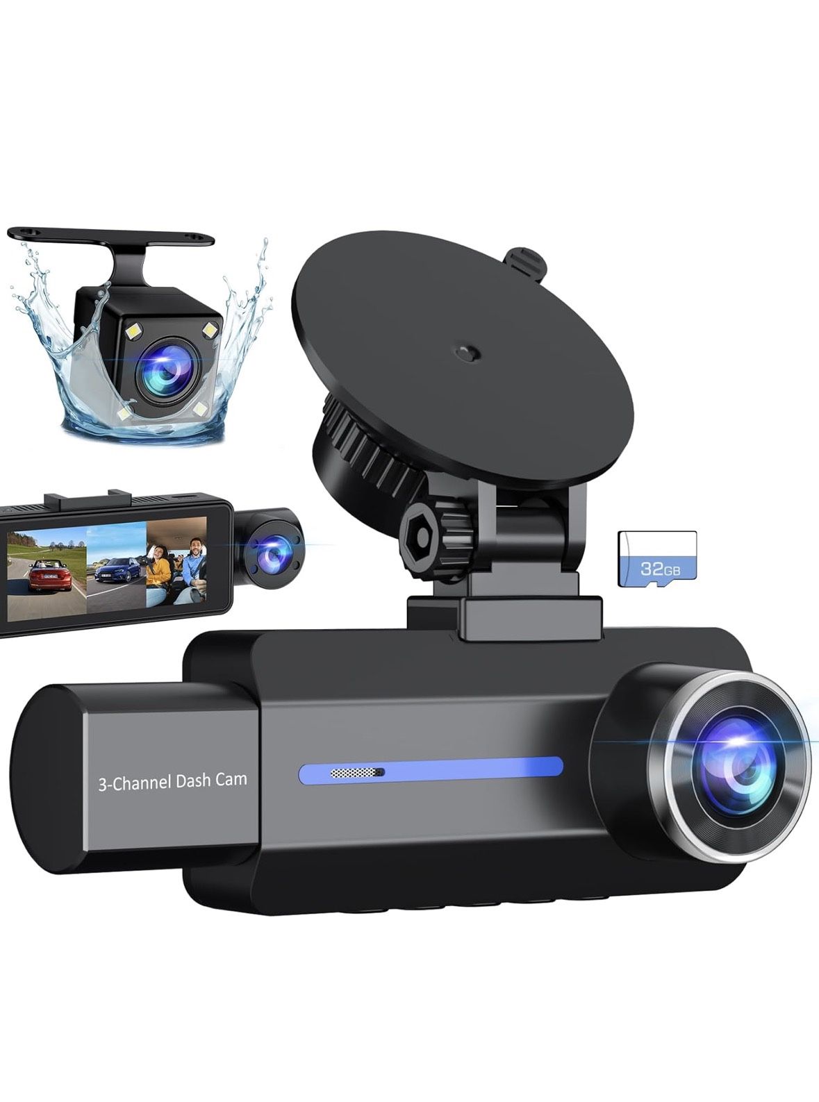 Dash Cam Front Rear 3 Channel 2.5K+1440P 32GB Card 3.16” Screen Night Vision