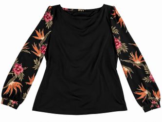 Leslie Fay 2 Piece Set Floral Black Top Pants Tropical Bird