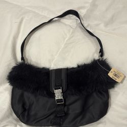 Small Black Shoulder Bag Faux Fur Trim With Decorative Buckle. 