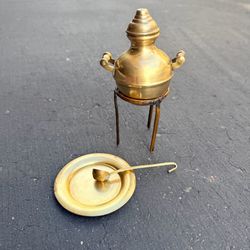 Vintage 70s Solid Brass Mini Pot Jar Handles Gold Moroccan Small Paddle Spoon Stand & Plate Gold
