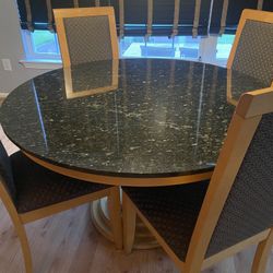 Solid Maple 4’ Round Dining Table With Ubatuba Granite Top & 4 Upholstered Chairs 