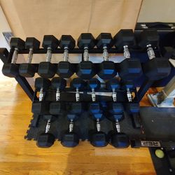 Lightly Used 10lb Thru 50lb Rubber Hex Dumbbell Set With Rack 