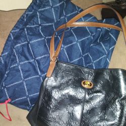 TIGNANELLO Leather Tote Shoulder Bag Purse Handbag Black Brown Leather 13"