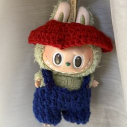 *HANDMADE LABUBU OUTFIT* Red Hat Blue Overalls Set
