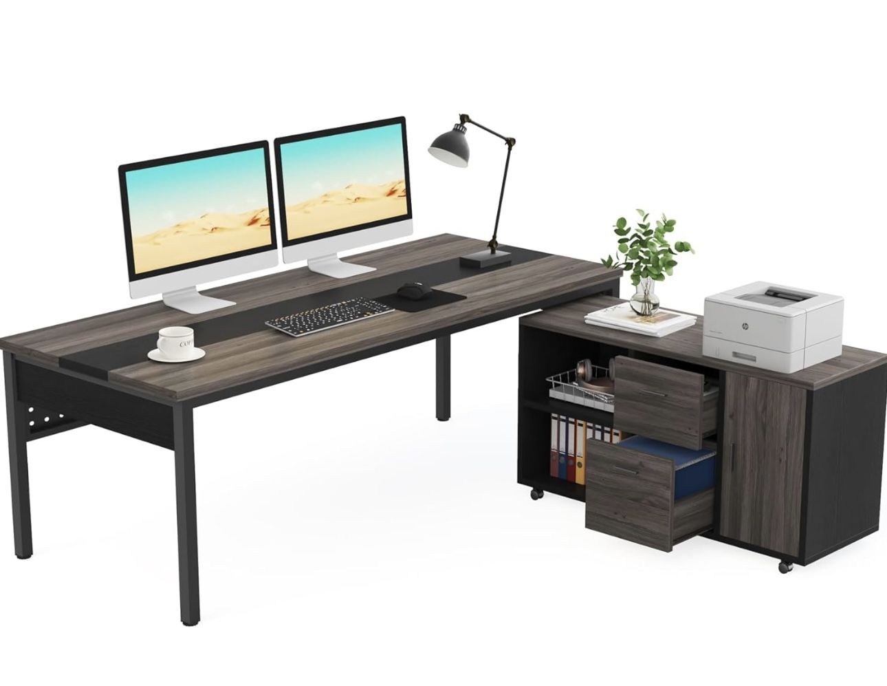 Wood Computer Desk With Wheeled Cabinet