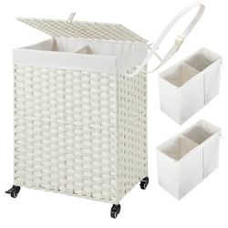 Greenstell Laundry Basket with Wheels, No Installation Needed, 90L Divided Hand Woven Baskets and 2 Removable Lined Bags, Rattan Laundry Hamper with L