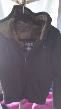 VS Pink zip up fur lined black hoodie