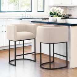 Brand New LUE BONA 27" H Counter Height Bar Stools Set of 2, Modern Barrel Counter Stools with Backrest and Arms, Black Metal Frames, Linen Fabric Uph