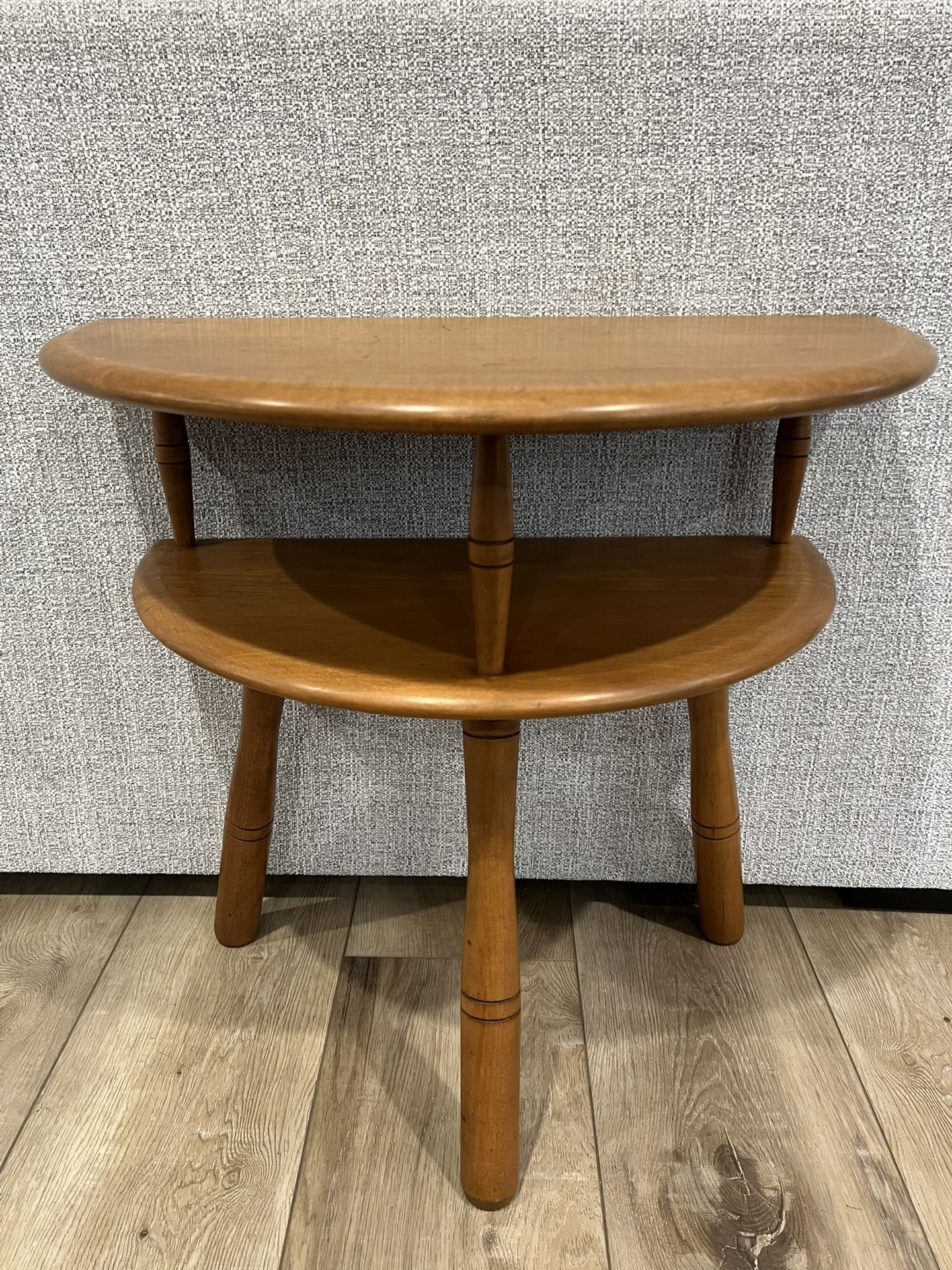 Mid Century Modern American Maple Product end table two tiered tripod legs halfmoon