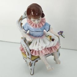 Vintage VOLKSTEDT 1762 Germany Porcelain Dresden Lace SITTING GIRL 5"h Figurine