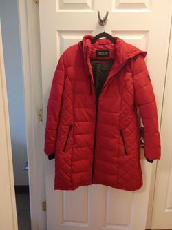 Guess Red Quilted Puffer Coat with Hood Large