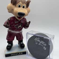 Arizona Coyotes Howler Bobblehead (10th Anniv) & Signed Mascot Puck Set