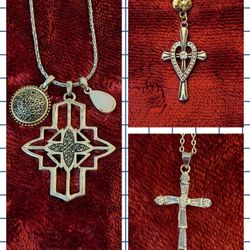 3 Vintage early 2000's, silvertone fashion cross necklace pendants,38", 20", 17"