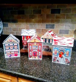 Lot Of 5 Harry London Empty Tin Christmas Village 