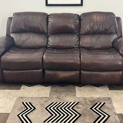 Brown Leather Couch With 2  Recliners
