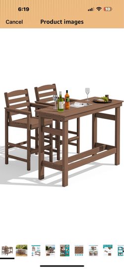 SERWALL Outdoor Bar Set, 2 Adirondack Bar Chairs & Bar Height Table, Brown with 1.6" Umbrella Hole, All-Weather HDPE Patio Furniture for Poolside, Bac