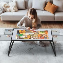 Puzzle Table 1500pcs,Foldable Puzzle Table for Storage with 4 Drawers, Metal & Plastic Frame,U-Shaped Legs, Grey & Black, 15.35 Inch Height(2)