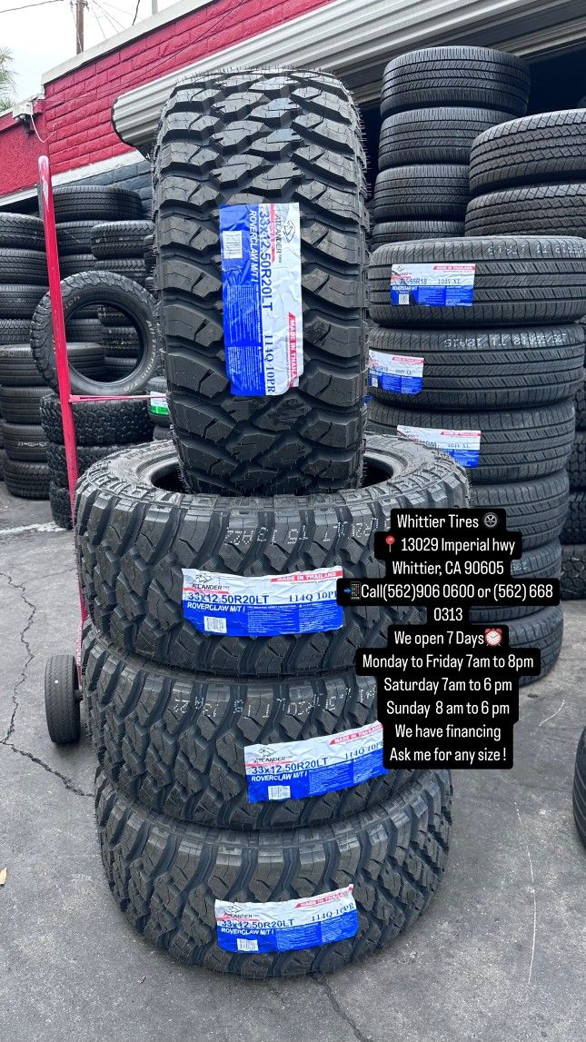 SET OF NEW TIRES, 33X12.50R20 ATLANDER MT, INCLUDING MOUNTING AND BALANCING. ASK ME FOR ANY SIZE OR BRAND, LLANTAS NUEVAS