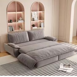 3-in-1 Convertible Gray 73.2 in. Soft Velvet Queen Size Sofa Bed with 2-Soft Pillows