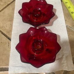 Vintage Ruby Red Glass Candle Holders Pair Footed Lotus Flower GLOWS Cadmium