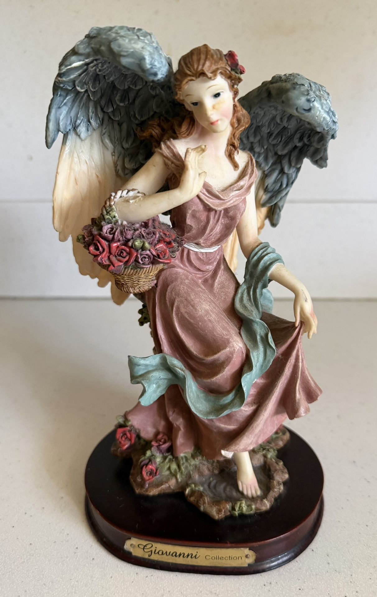Ángel With Basket Of Roses 8.25” Tall Resin Figurine With Stand Vintage