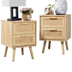End Table, Side Table with 2 Hand Made Rattan Decorated Drawers, Nightstands Set of 2, Wood Accent Table with Storage for Bedroom, Natural, 2 Pack