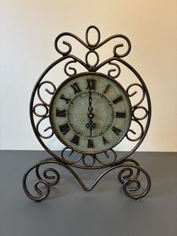 Vintage Style Metal Table Clock Scroll Work Roman Numerals Distressed Bronze Dec