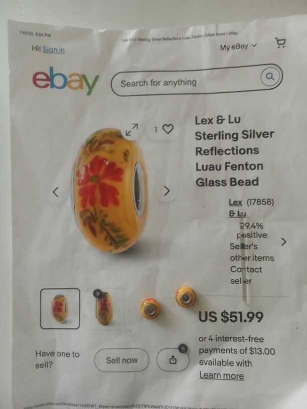 FENTON ART GLASS Charm Bead Lex & Lu Sterling Silver Reflections "LUAU"