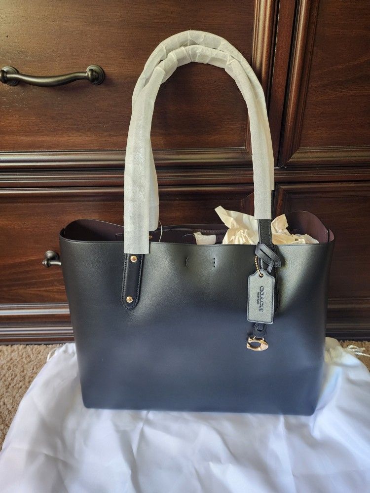 New Coach Black Leather Tote Handbag Bag