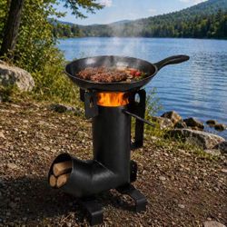 New In Box Wood Fire Burning Steel Rocket Stove For Camping Fishing Picnic With Cooking Pan And Flippers 