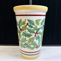 Longaberger American Holly Ceramic Vase Circa 2001 Holiday Edition 