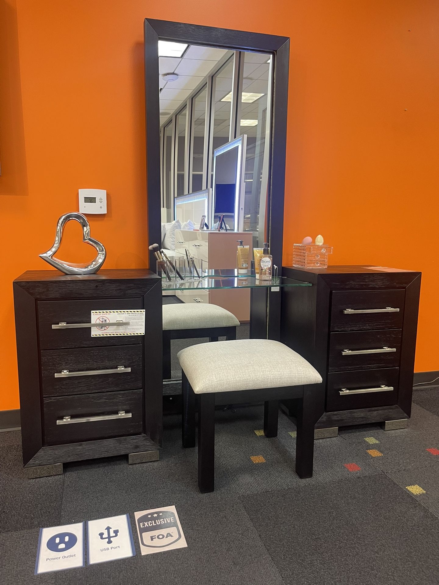 Black Vanity With 6 Drawers Tall Mirror & Stool
