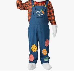 Easter Bunny Costume Adult, Deluxe Rabbit Plush Mascot Costume Outfit with Head Plaid Shirt & Overall Party Suit