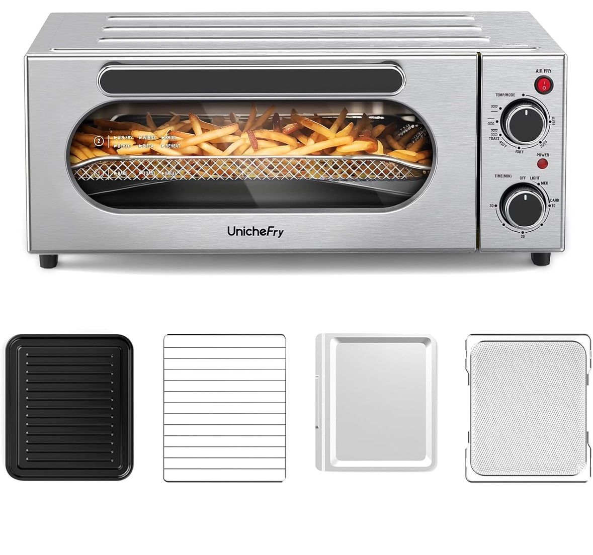 Unichefry Toaster Oven Air Fryer Combo with 4 Accessories, 1800W Countertop Convection Toster Oven Fits 9 Slices toaster or 12" Pizza, Stainless Steel
