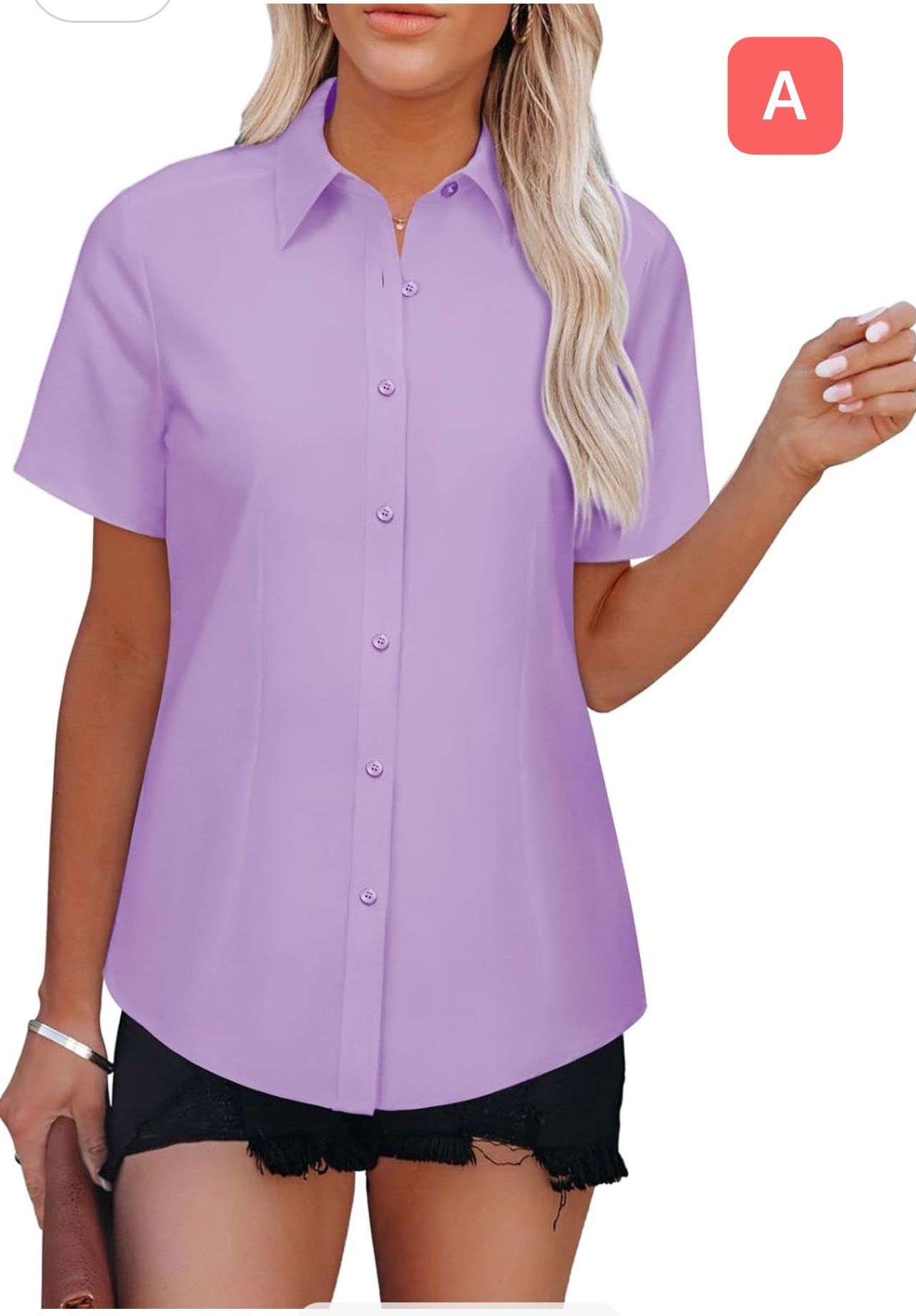 L size Womens Button Down Shirts Short Sleeve Fitted Button Up Dress Shirt Solid Collared Blouse Wrinkle Free Work Business Top(pls choose A,B,C, D, o