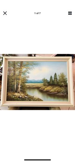 Vintage Large 42x30" Oil On Board Framed Lake Scene Painting Made In Mexico