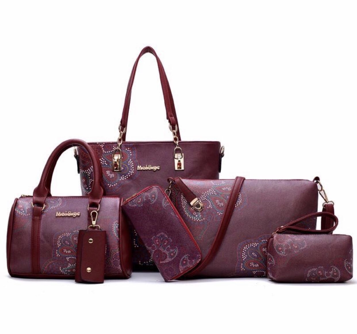 Burgundy floral designer bag set