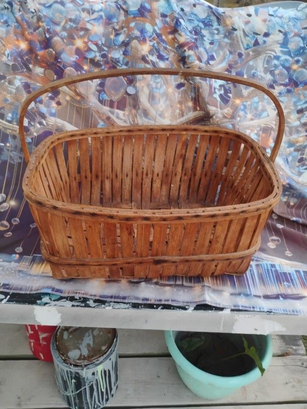 Large Wooden Antique Oblong Handled Basket 