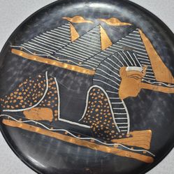 Vintage Hand Carved Etched Egyptian Sphinx Pyramid Solid Copper Metal 9.5 Inch Round Circle Plate!!!
