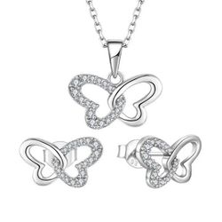 Butterfly Cubic Zirconia Rhodium Plated 925 Sterling Silver Necklace Earrings Jewelry Set